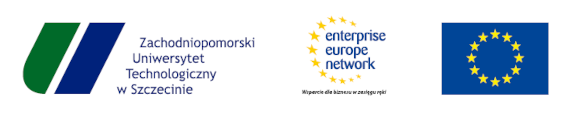 Ciąg logotypów: logotypów ZUT, EEN oraz flaga Unii Europejskiej