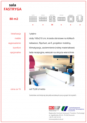 Karta zawierająca podstawowe informacje o sali Fastryga, z kolorowym zdjeciem wnętrza sali oraz informacją o cenie wynajmu