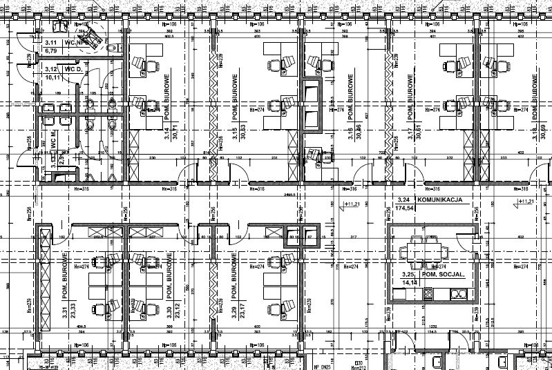 Rysunek architektoniczny - fragment rzutu układu pomieszczeń na trzecim piętrze budynku